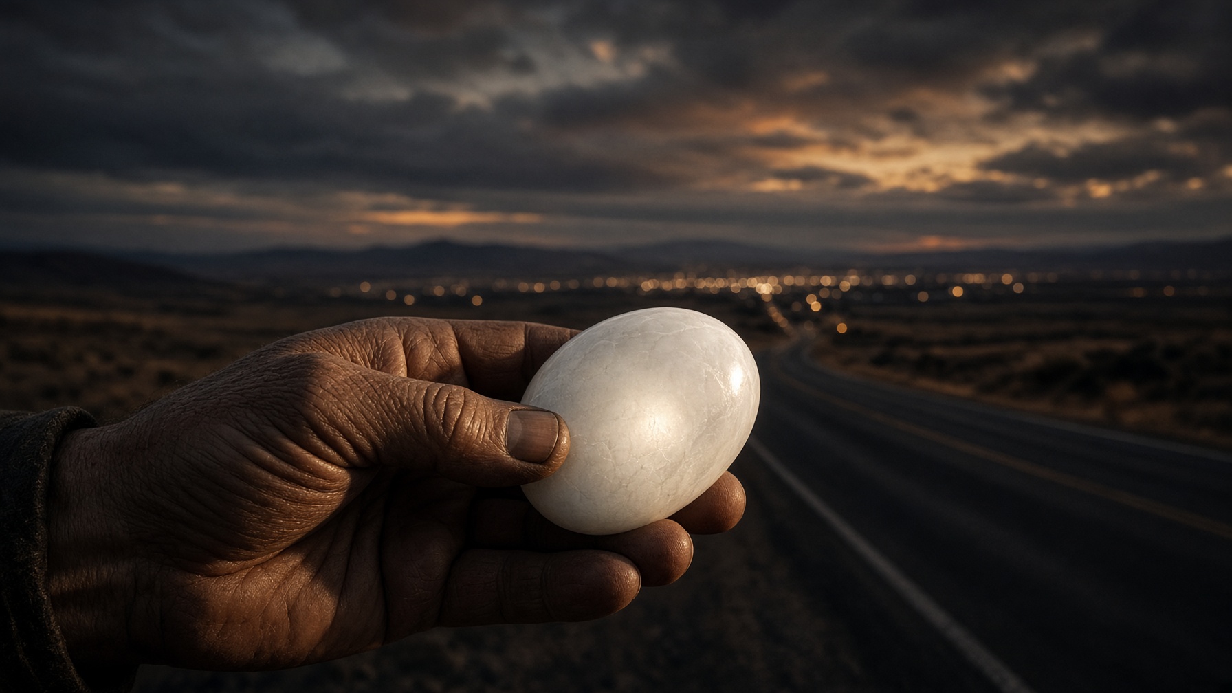 A weathered hand holding a luminous white stone at dusk