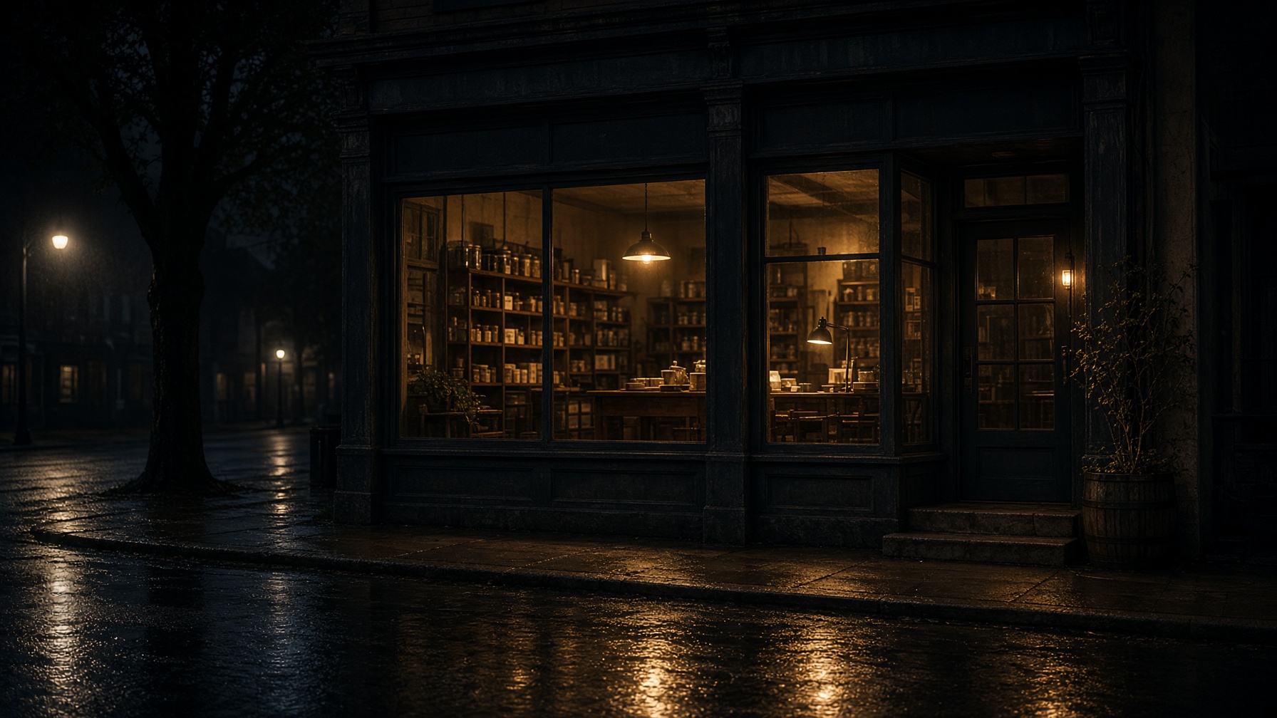 Cinematic night storefront